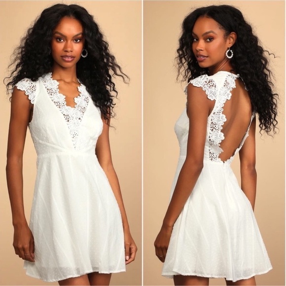 Lulus Dresses & Skirts - Lulu’s Believe in Dreams White Swiss Dot Lace Backless Skater Dress